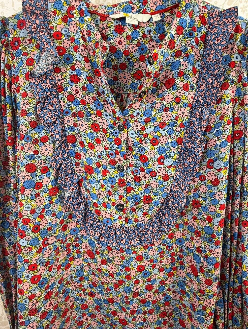 BODEN Red Floral Brightly Colored Printed Ruffle Bib Popover Blouse - Size - 4